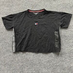 Tommy Hilfiger Sport T-Shirt Womens Size L Black Cropped Boxy Side Stripe Logo